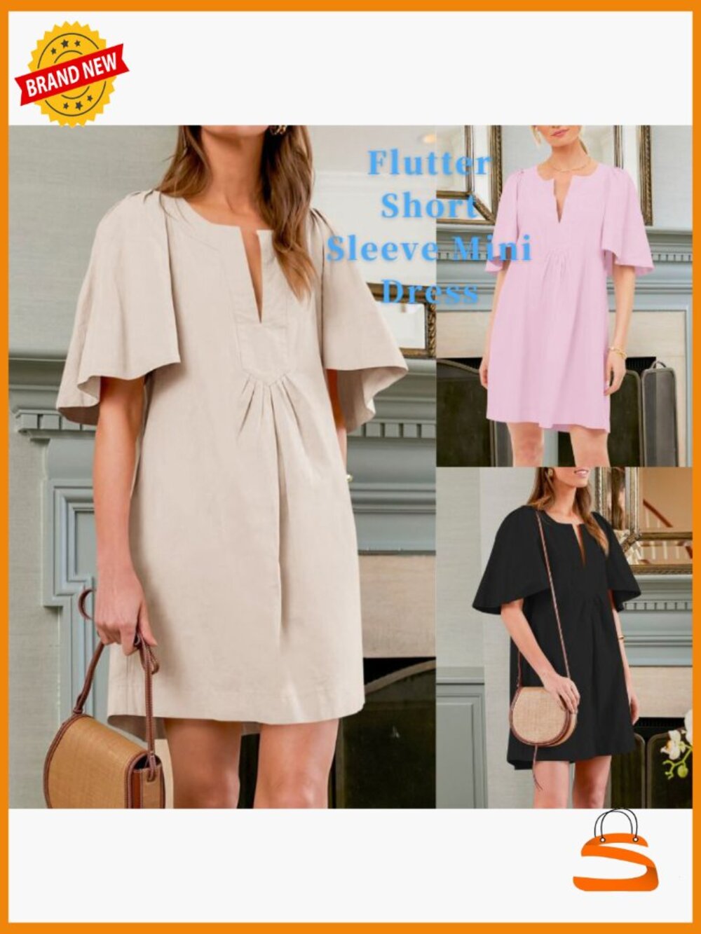 Flutter Short Sleeve Mini Dress V Neck Loose Flowy Summer Shift - Picture 7 of 7